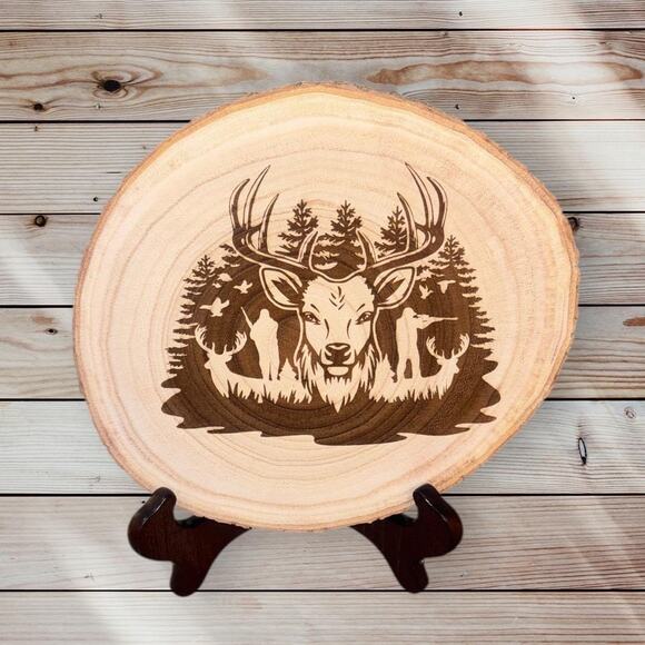 Rustic Deer Wood Slice Wall Art - 9.5" Diameter Laser Engraved Decor - Picture 1 of 3